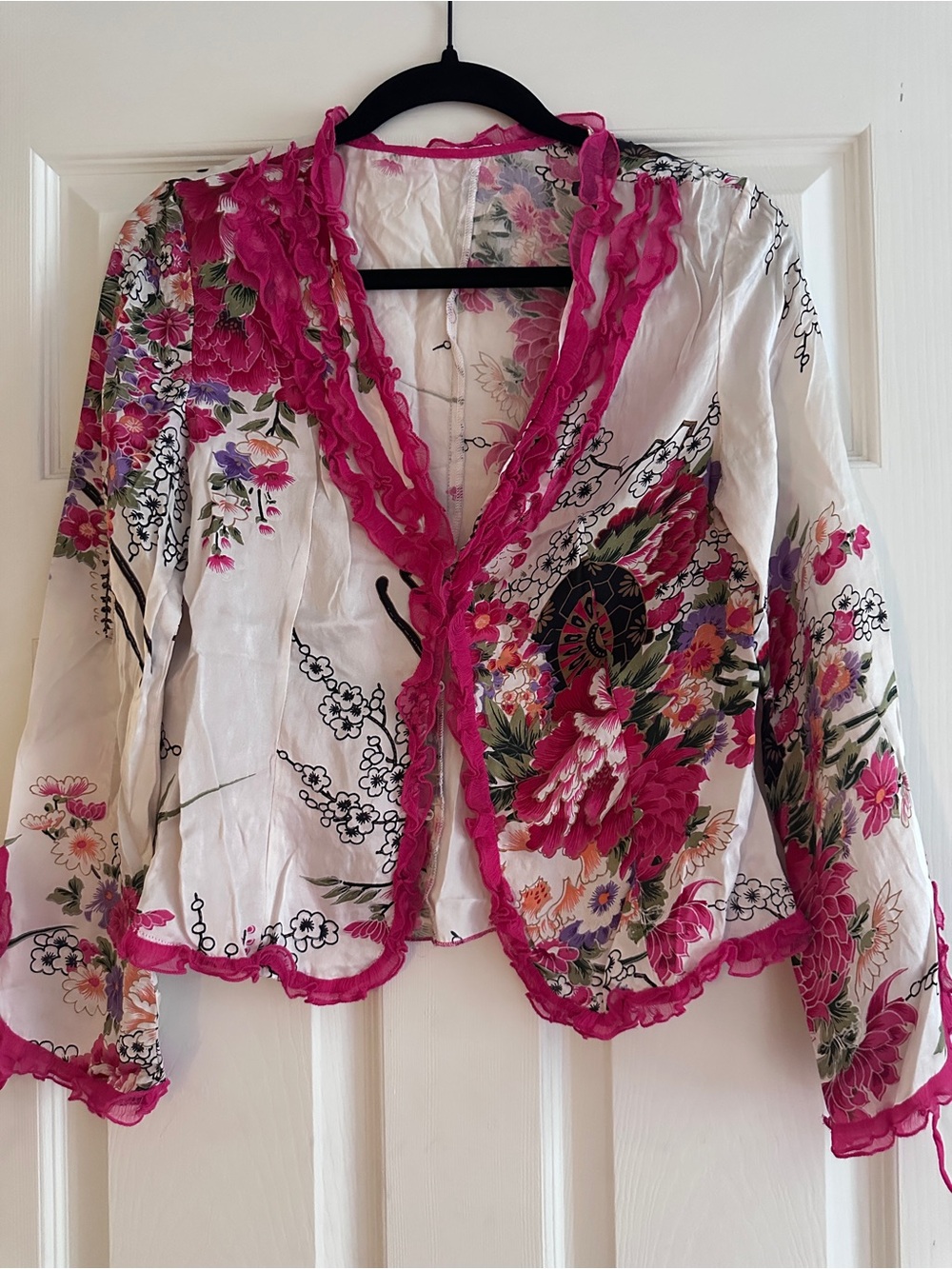 Silk Ruffled Hot Pink White Floral Long Sleeve Blouse Button Sz S/M